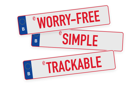 Playful composition of three license plates with the words Worry-free, Simple and Trackable